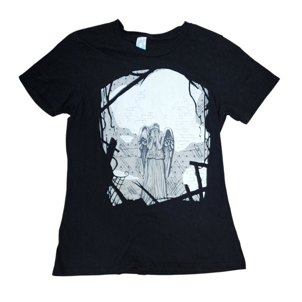WEEPING ANGEL BLACK T-SHIRT WOMENS SIZE SMALL Fitted Big Graphic Short Soft